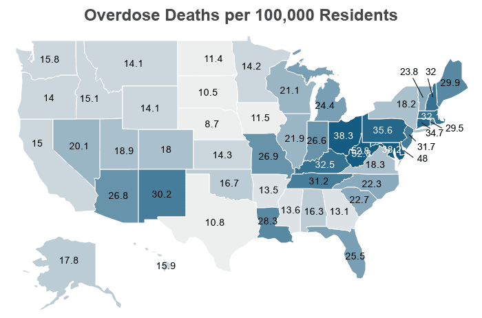 National Map: Overdose Deaths per 100,000 Adults on NCDAS