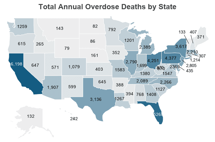 National Map: Total Annual Overdose Deaths by State on NCDAS