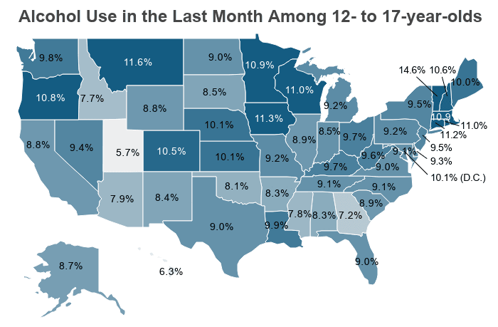 National Map: Alcohol Use in the Last Month Among 12- to 17-year-olds on NCDAS