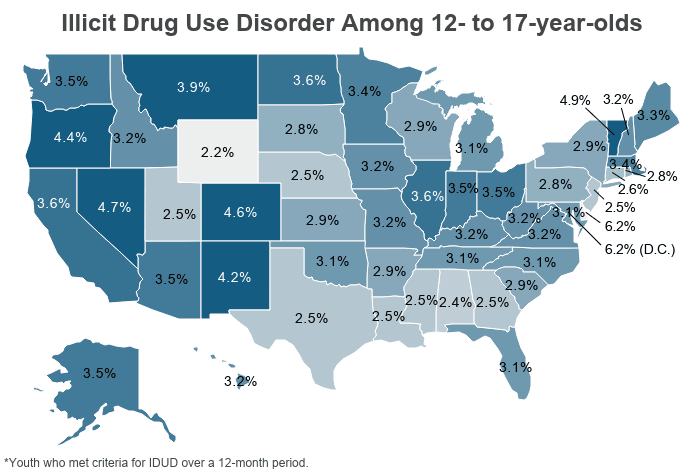 National Map: Illicit Drug Use Disorder Among 12- to 17-year-olds, youth who met criteria for IDUD over a 12-month period on NCDAS