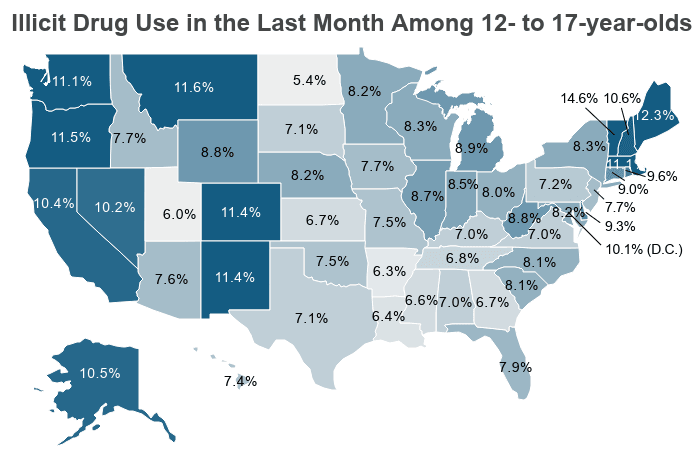 National Map: Illicit Drug Use in the Last Month Among 12- to 17-year-Olds on NCDAS