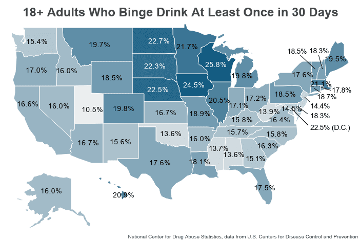 National Map: 18+ Adults Who Binge Drink At Least Once in 30 Days (National Center for Drug Abuse Statistics, data from U.S. Centers for Disease Control and Prevention) on NCDAS