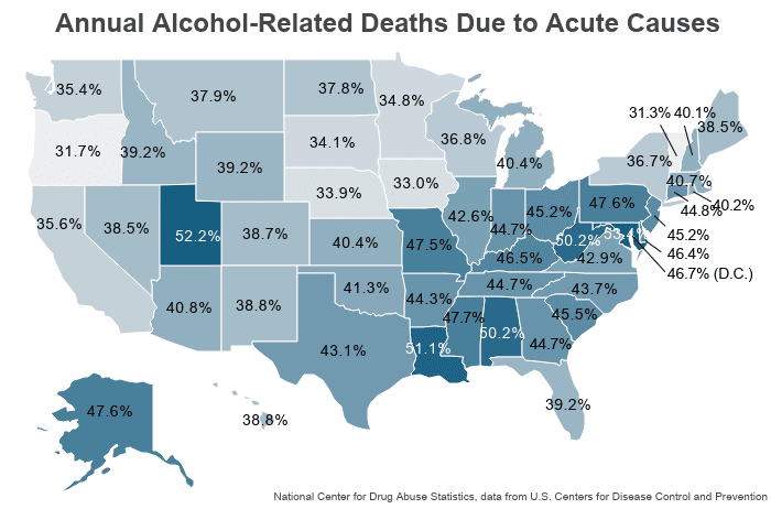 National Map: Annual Alcohol-Related Deaths Due to Acute Causes (National Center for Drug Abuse Statistics, data from U.S. Centers for Disease Control and Prevention on NCDAS