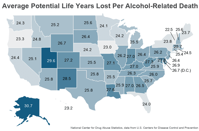 National Map: Average Potential Life Years Lost per Alcohol-Related Death on NCDAS