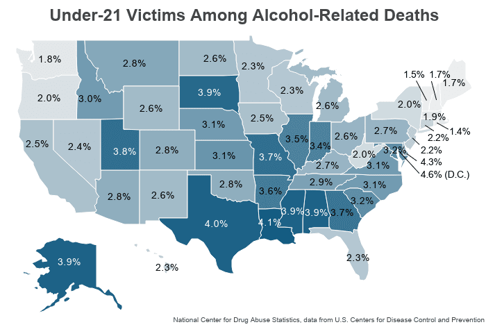 National Map charting Under-21 Victims Among Alcohol-Related Deaths on NCDAS